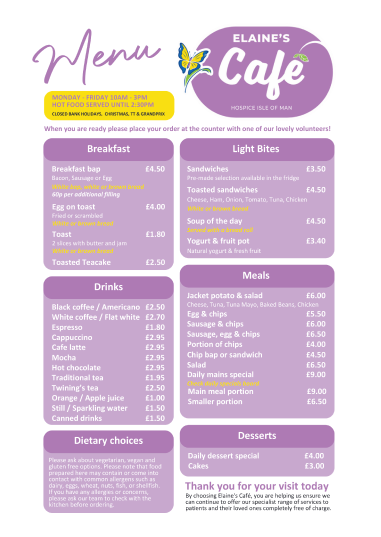 Hospice Elaine’s Café menu